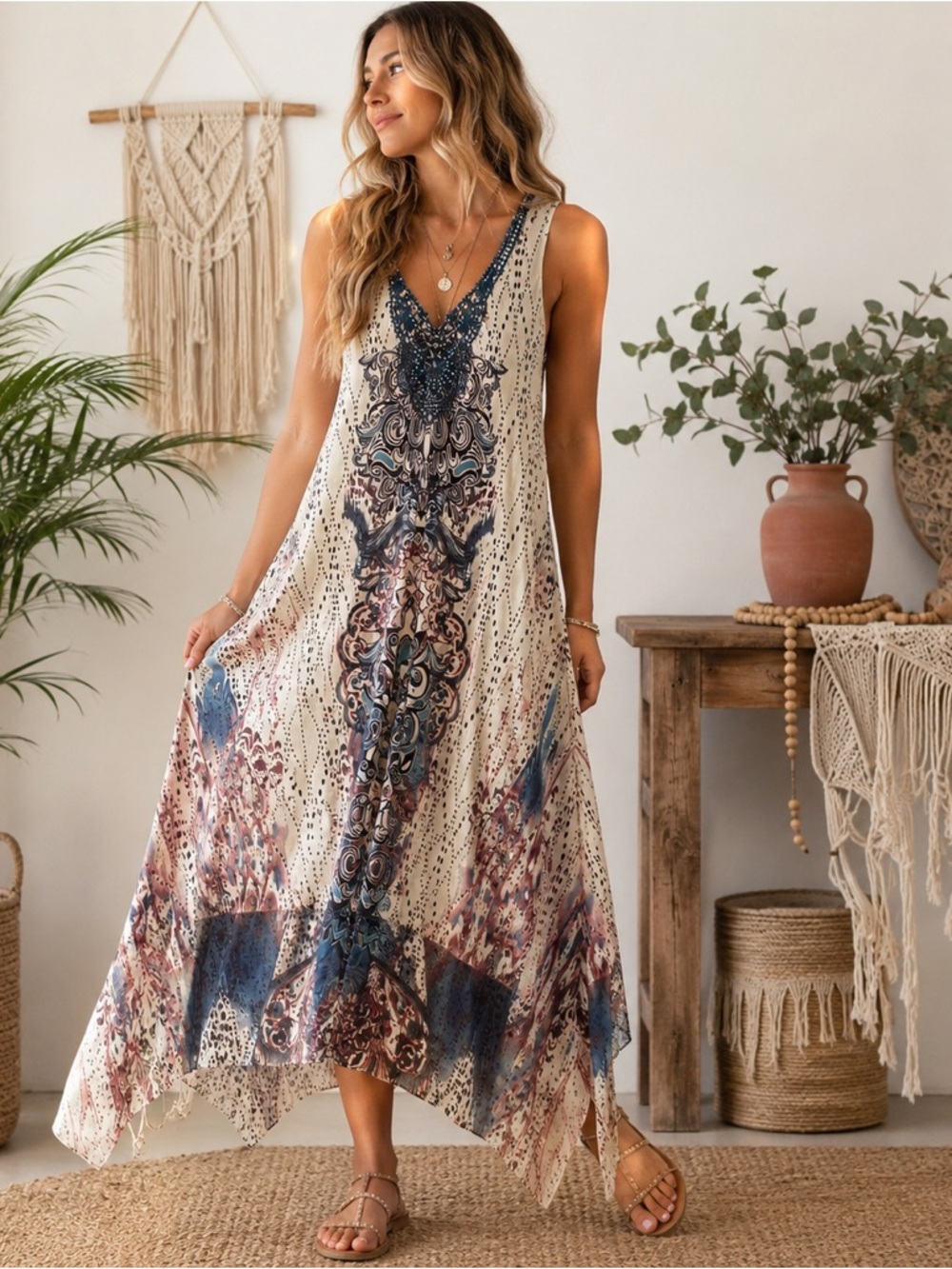 World Unity Bejeweled Sleeveless Maxi Dress Boho Handkerchief Hem